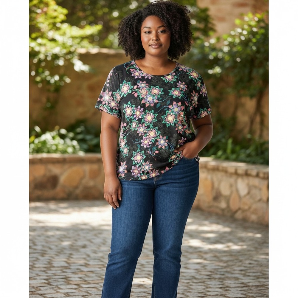 LuLaRoe Classic T Top XL Black Floral Mandala Excellent Short Sleeve Scoop Neck